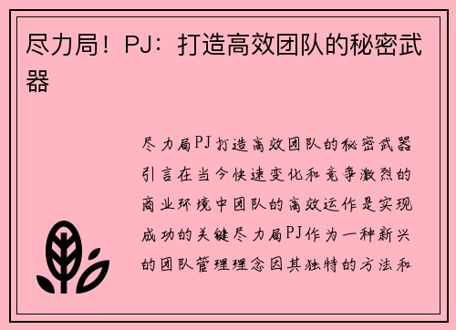 尽力局！PJ：打造高效团队的秘密武器