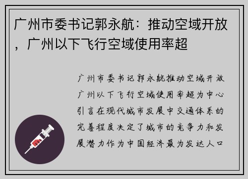 广州市委书记郭永航：推动空域开放，广州以下飞行空域使用率超