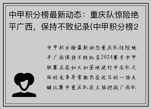 中甲积分榜最新动态：重庆队惊险绝平广西，保持不败纪录(中甲积分榜2020-2021)